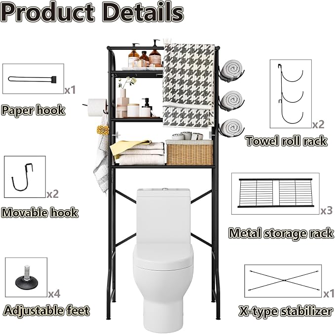 Over The Toilet Storage Metal 3 Tier Bathroom Organizer Shelf with Paper Holder Easy to Assemble & Space Saving (Black)