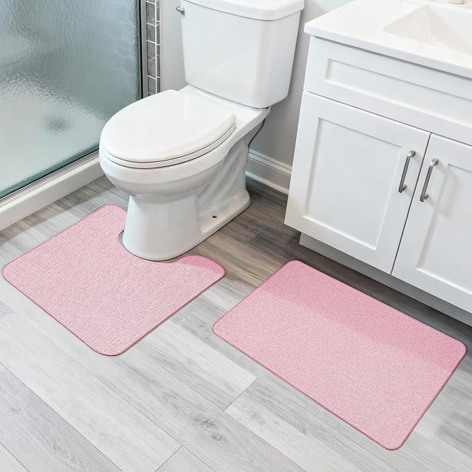 Bosap Bathroom Rugs Set 2 Pieces,Thin Bathroom Mats,Toilet Rugs,Quick Dry,Non-Slip,Machine Washable,Low Pile,Absorbent Bath Mats,Shower,Sink,Home Decor Accessories.Pink,1'5"x2'3"+1'8"x2" U Shape