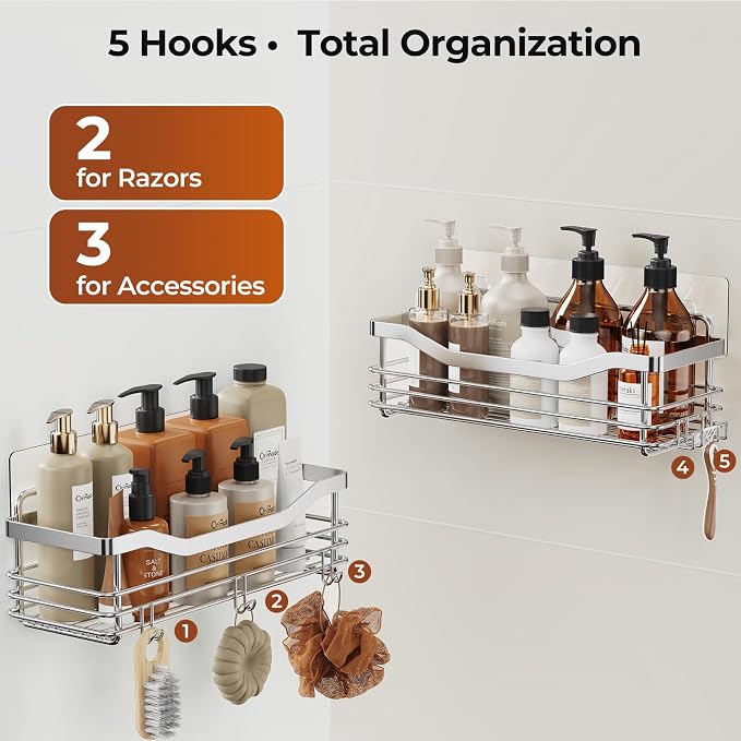 Orimade Shower Caddy Basket Shelf with 5 Hooks Adhesive Organizer Storage Rack Rust Resistant Wall Mounted Stainless Steel No Drilling for Bathroom, Toilet, Kitchen - 2 Pack