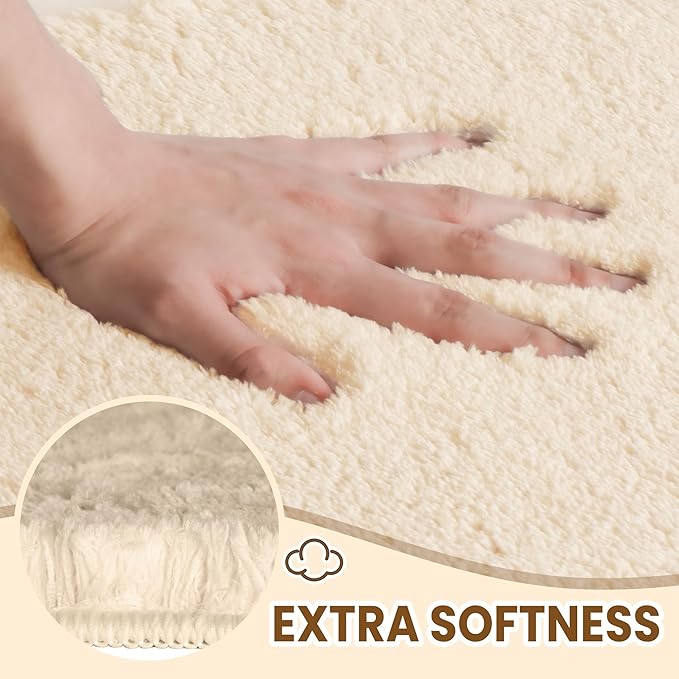 TECHMILLY Fluffy Tufting Bathroom Rug Mat 36x24, Absorbent Thick Non Slip Microfiber Mats, Quick Dry Machine Washable Bath Rug for Bathroom Floor, Bathtub and Shower, Cream