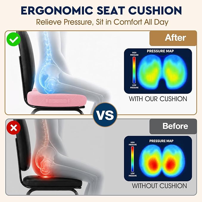 TushGuard Seat Cushion - for Office Chair, Car Seat, Airplane, Bleacher - Sciatica & Coccyx Pain Relief Desk Chair Cushion for Long Sitting Office Workers, Car Drivers(Pink, XXX-Large)