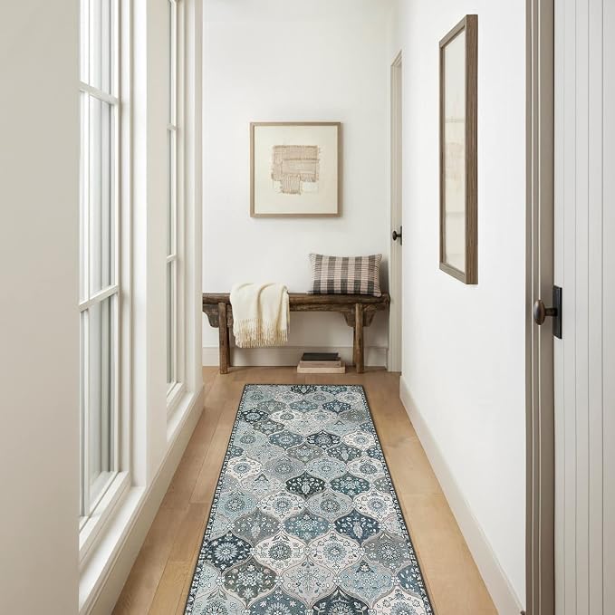 Lahome Moroccan Washable Runner Rug, 2'5''x8' Ultra-Thin Vintage Kitchen Runners for Hallways, Oriental Non-Slip Hallway Rug Carpet for Entryway Bedroom Laundry Room Foyer Elise, Blue