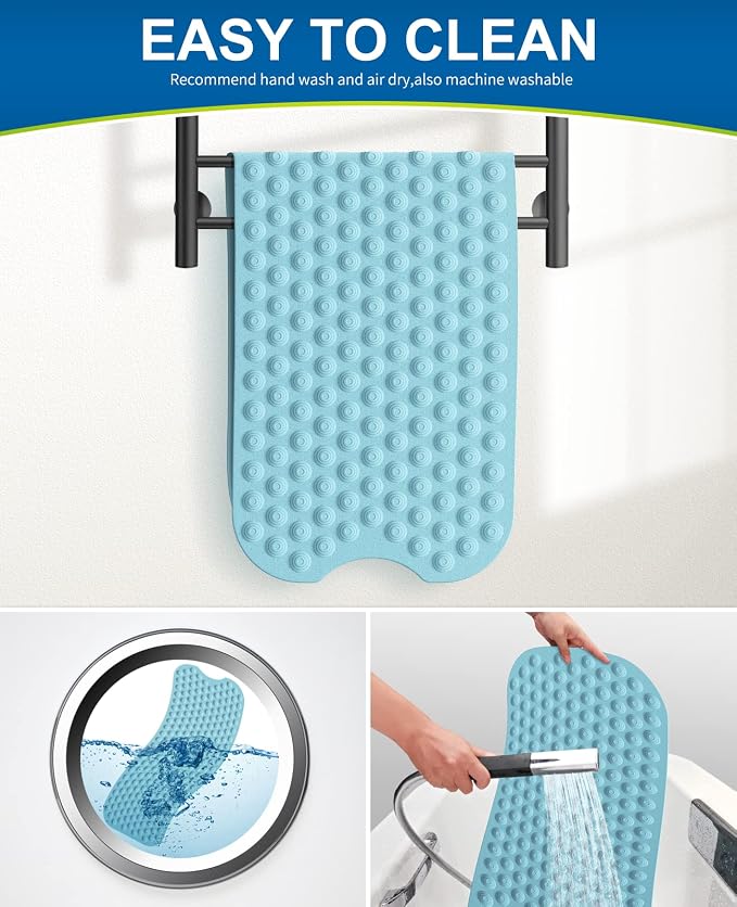 Bligli Bathtub Mat Non-Slip Without Suction Cups, 39x16inch Extra Long Bath Mats for Shower Bathroom, Machine Washable Natural Rubber Shower Tub Mat (39x16inch, Sky Blue)