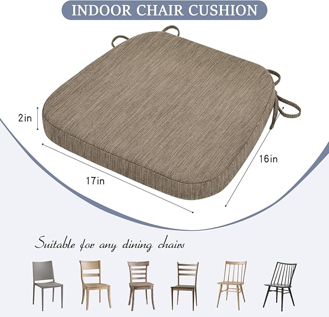 baibu Kitchen Chair Cushions, Dual-Layer Patented Design Molded Memory Foam Dining Chair Pads with Ties and Washable Cover, 17" x 16" x 2", Light Brown