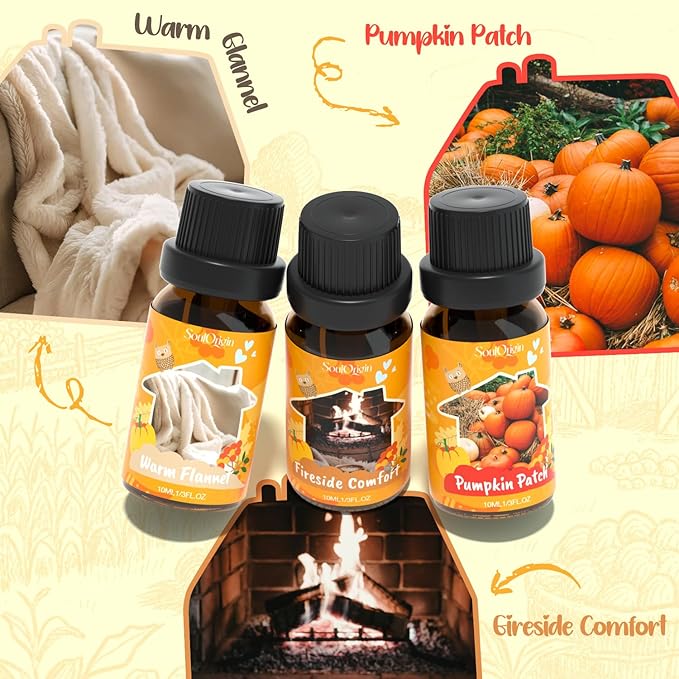 Soulorigin Fall Cozy Cabin Fragrance Oils Set, Essential Oil for Diffuser, Use for Soap Candle Making-Smoky Cedar Wood, Roasted Marshmallows, Autumn Leaves, Warm Flannel, Fireplace Time, Pumpkin Patch