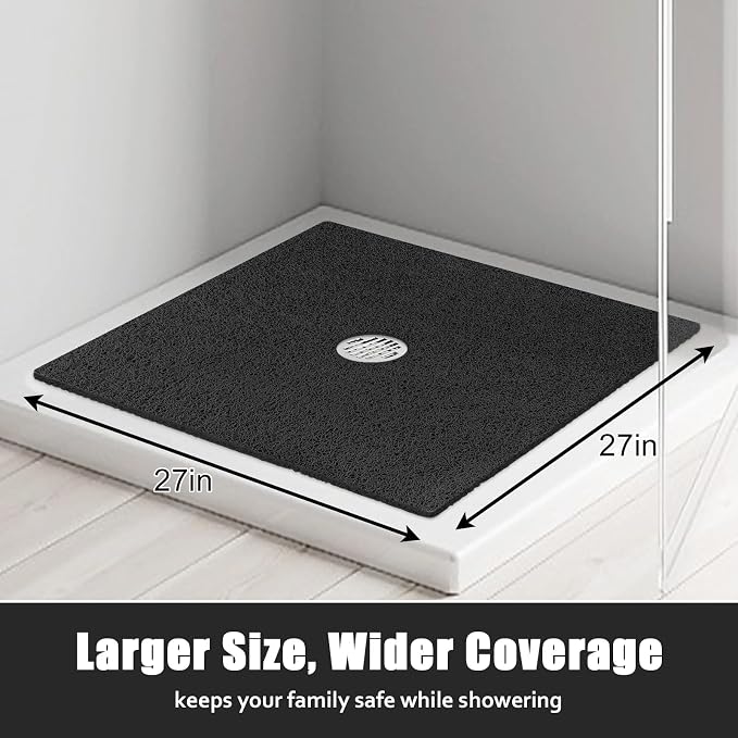 ZOESOE Square Shower Mat Non Slip: 27x27 Inch Large Shower Mats for Inside Shower with Drain Hole in Center, Super Soft PVC Loofah Massage Shower Stall Mat, Anti Slip Shower Floor Mat, Quick Drying