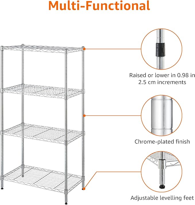 Amazon Basics 4-Shelf Adjustable Storage Shelving Unit for Garage, Steel Wire Rack, 200 Pound Loading Capacity per Shelf, 13.4"D x 23.2"W x 48"H, Chrome
