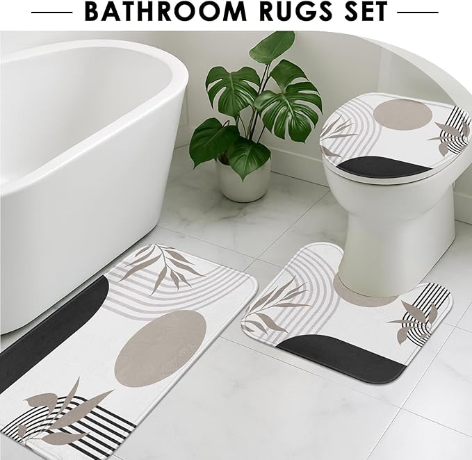 Boho Mid Century Shower Curtain Set with Toilet Lid Cover and Non-Slip Rugs, Abstract Geometric Vintage Grey 4 Pcs Modern Minimalist Shower Curtain for Bathroom Set with 12 Hooks