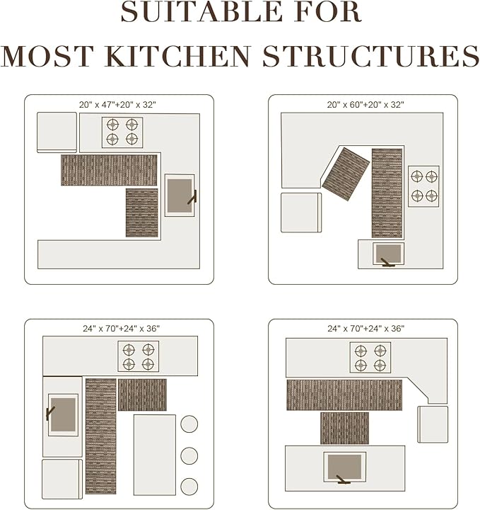 Kitchen Rugs Sets of 2-Non Slip Kitchen Mats for Floor-Thick Stain Resistant Vintage Kitchen Floor Mat Runner Carpet for Hallways Entryway Laundry Room Washable（Brown 20"x47"+20"x32"）