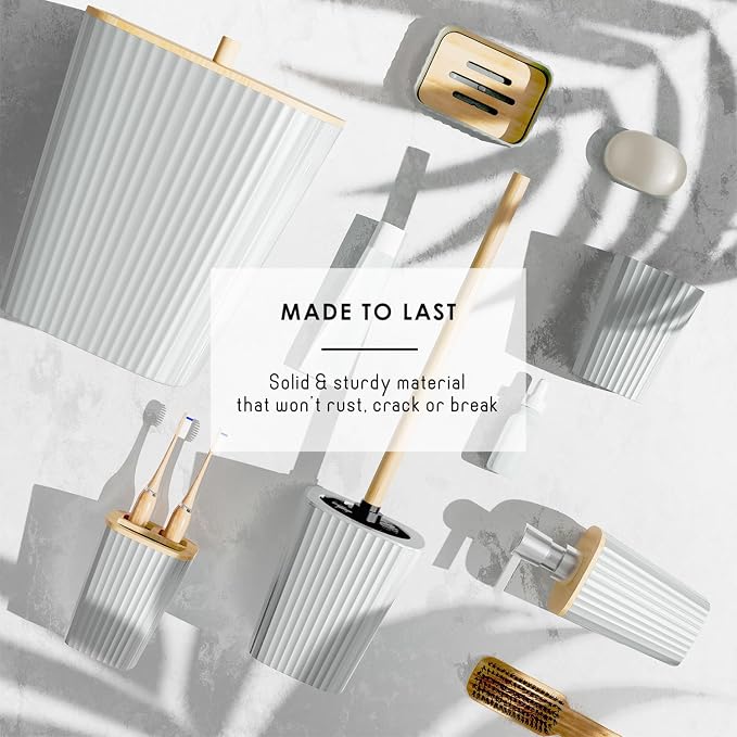 Clara Clark Bathroom Accessories Set - Bathroom Set, Bathroom Accessory Set, Shower Curtain Set, Toilet Brush, Trash Can & Soap Dispenser - White - 20PC