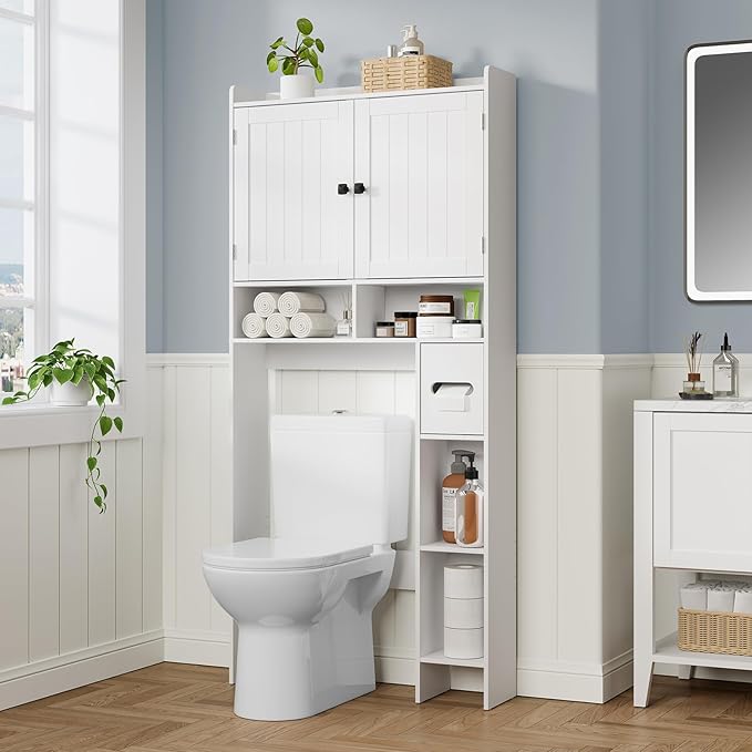 RRX Over The Toilet Storage Cabinet, Bathroom Toilet Paper Holder Stand,30.7" L x 7.87 "W x 65.7 "H Freestanding Toilet Shelf Space Saver for Bathroom,Laundry(Milky White)