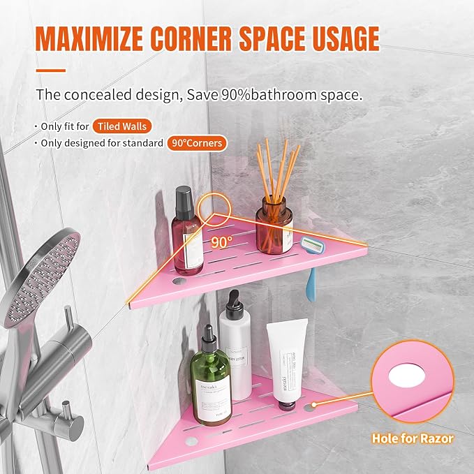 Corner Shower Shelves with Razor Hole, Modern Sturdy Shower Shelves Corner, 10" 304 Stainless Steel Shower Organizers Corner Shelf for Tile Wall, No Drilling Grout Mount Bathroom Shelf,Pink