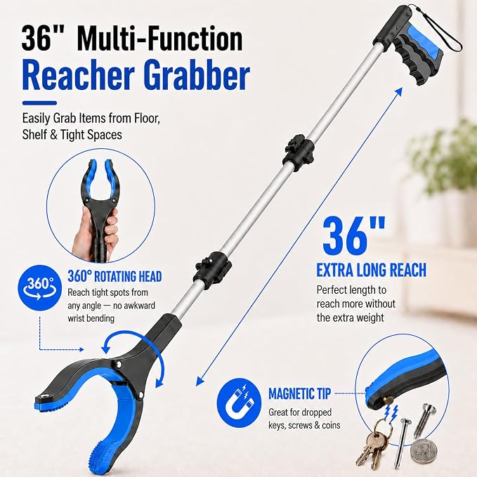 36" Grabber Reacher Tool, 2-Pack Long Reacher Grabber Pickup Tool with 4" Wide Anti-Slip Jaw, 360° Rotating Head and Magnetic Tip, Foldable Trash Grabbers for Seniors, Post Surgery Use Heavy Duty