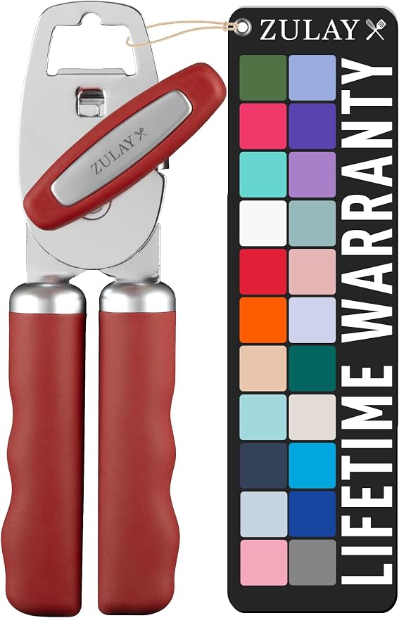 Zulay Kitchen Heavy Duty Stainless Steel Can Opener Manual with Bottle Opener - Rust Proof Manual Can Opener With Turn Knob & Comfy Soft Grip Handles - Red