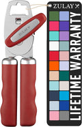 Zulay Kitchen Heavy Duty Stainless Steel Can Opener Manual with Bottle Opener - Rust Proof Manual Can Opener With Turn Knob & Comfy Soft Grip Handles - Red