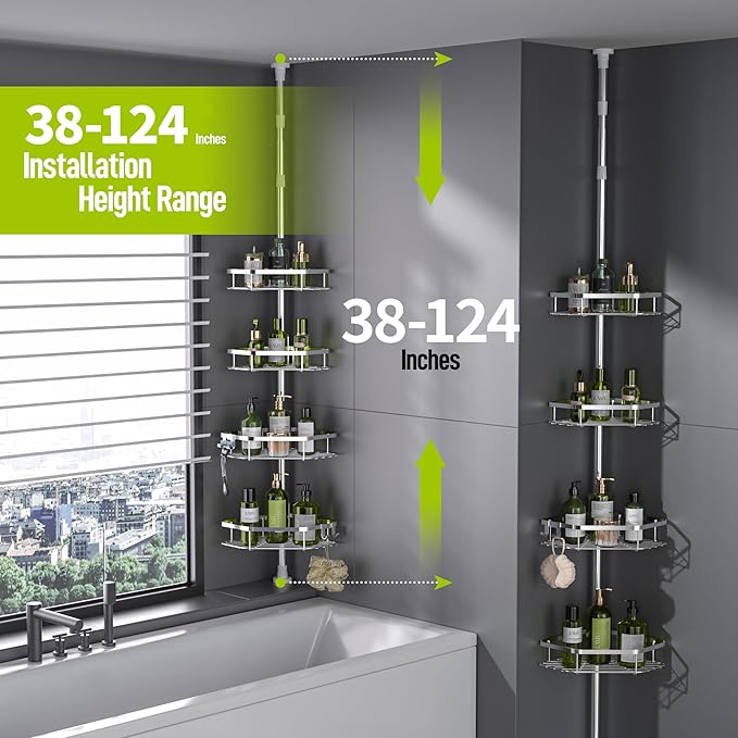 LAMU Shower Caddy Corner Tension Pole, Stainless Steel Shower Organizer, Strong Spring, 5 Adhesive Pads, 2.4 in Non-Slip Grid Base, Adjustable 4-Tier Basket, 4 Hooks, Fits Heights 37.8-124 in, Silver