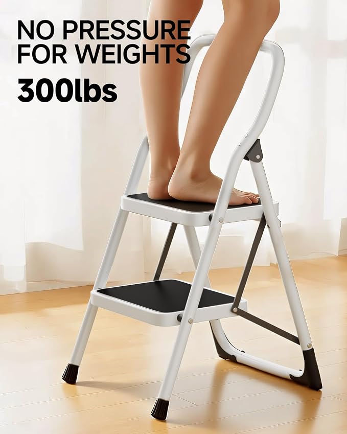 SOLADDER 2 Step Stool, Folding Step Ladder with Wide Anti-Slip Pedal & Safety Lock, Step Stool for Kitchen, Bathroom, Office, 300lbs Capacity
