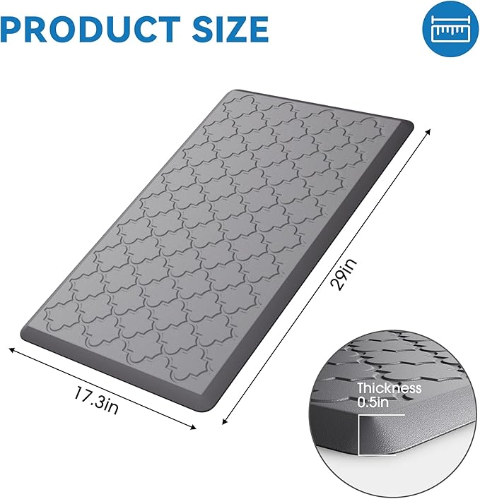 Kitchen Mat Cushioned Anti Fatigue for Floor, Non-Slip Waterproof Comfort Rug for Kitchen Sink, Standing Desk & Laundry, 17.3"x29", Grey