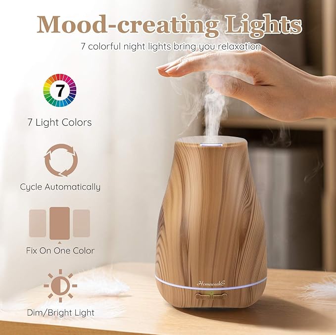 Aromatherapy Essential Oil Diffuser for Room: 100ml Air Humidifier Aroma Scent Cool Mist Diffusers Colorful Light Cute Mini Small Waterless Auto Off Ultrasonic for Home Bedroom (Yellow Wood Grain)