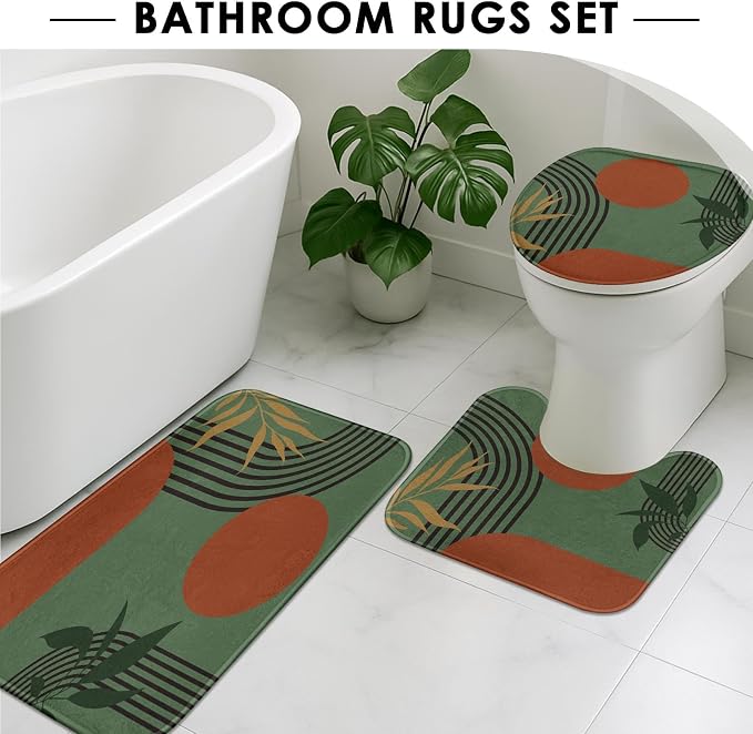Boho Mid Century Shower Curtain Set with Toilet Lid Cover and Non-Slip Rugs, Green Background 4 Pcs Modern Minimalist Shower Curtain for Bathroom Set with 12 Hooks