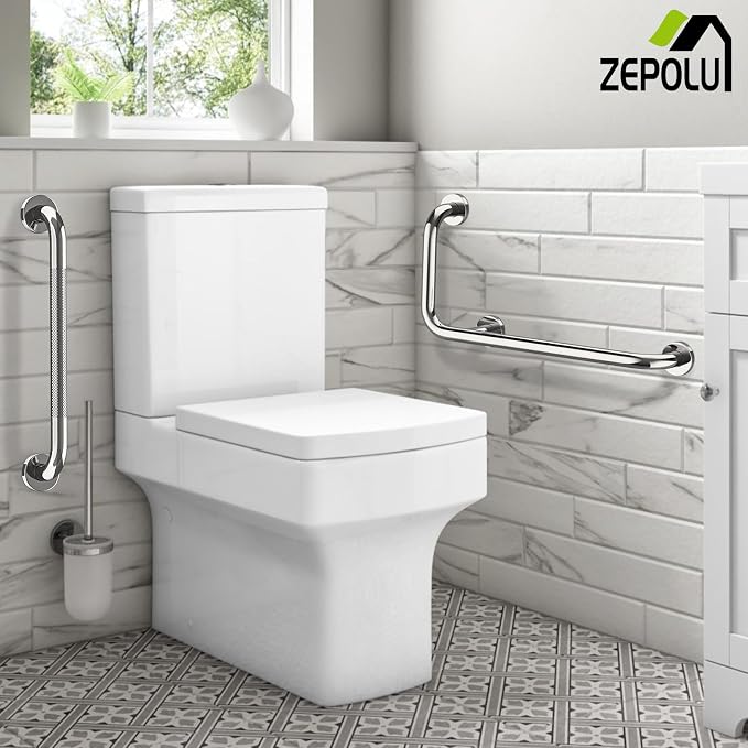 Polished Chrome L-Shaped Grab Bar 12x24 Inch + Knurled Shower Grab Rail 20 Inch, Zepolu Stainless Steel Toilet Safety Bar 90 Degree, Angled Balance Support Assist Bar, Bathroom Mobility Aid Handrail