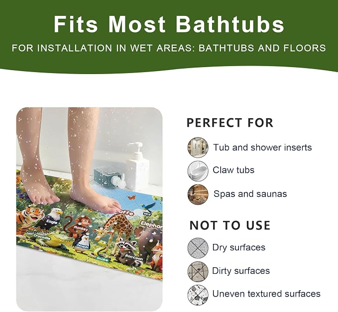 Bath Tub Mat Non Slip Bath Mat Shower Mat for Baby Adults, BPA Free Extra Long Bathtub Mat, 40x16 Inches Eco-Friendly Kids Bath Mats with Suction Cups and Drain Holes, Machine Washable,Animals