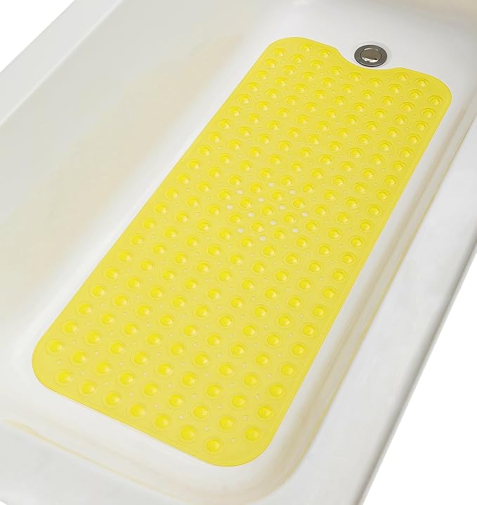 Extra-Long Non-Slip Bathtub & Shower Mat 39”x16” (Smooth/Non-Textured Tubs Only) Safe, Clean, Machine-Washable, Superior Grip&Drainage, Vinyl, Transparent Light Yellow