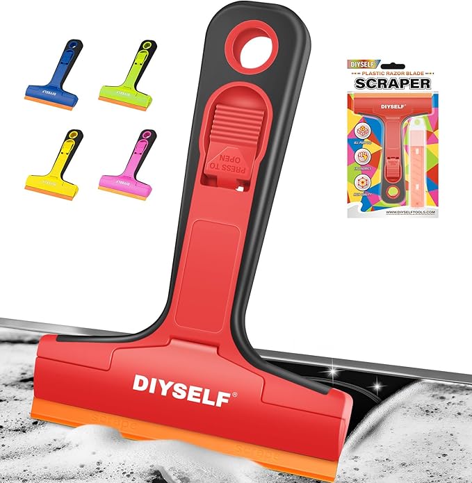 DIYSELF Plastic Razor Blade Scraper, 1 Pack Plastic Scraper Tool with 5 Pcs 4-Inch Plastic Razor Blades, Sticker Remover Tool and Decal Remover for Glass, Window, Labels, Adhesive, Cooktop, Tile