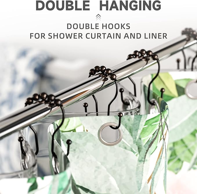 Bathway Shower Curtain Hooks Bronze Shower Curtain Rings Rust Proof Double Hook Shower Curtain Hooks, 12 Pcs Shower Hooks for Shower Curtain, Shower Rings for Curtain Bathroom, Metal Shower Rod Hooks