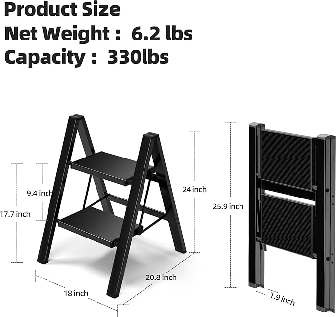 HillhutApex 2 Step Ladder, Lightweight Portable 2 Step Stool with Anti-Slip Wide Pedal, 330lbs Capacity Aluminum Ladder for Household,Office,Library(Black)