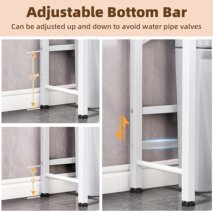 Kalrin Over The Toilet Storage Cabinet with Fluted Wave Doors and Adjustable Shelf, Wood Over Toilet Storage Rack with Drain Basket, Freestanding Bathroom Organizer for Balcony Laundry, Wood & White