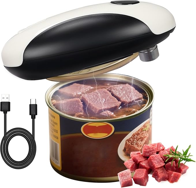 Rechargeable Electric Can Opener, Portable Gadgets Side Automatic Opener Can Food Safety,Smooth Edged for Seniors with Arthritis for All CanSizes (Black &White)