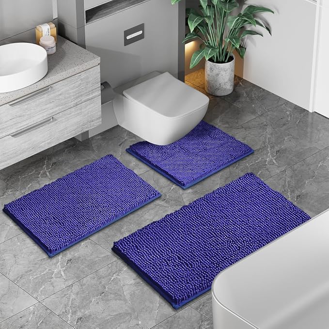 Chenille Bathroom Rug Set - 3-Piece Extra Soft & Absorbent Shag, Machine Washable Mats, Non-Slip PVC Underside, Plush Carpet Mats (Royal Blue)