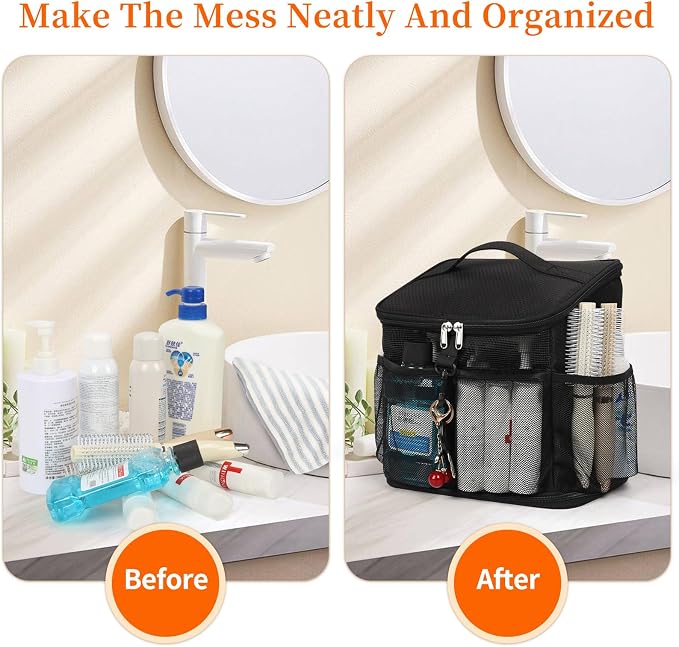 CUBETASTIC Shower Caddy Portable Mesh Shower Tote for Bathroom, Gym, Travel, Camping - Quick Dry Hanging Organizer Toiletry Bag with Handle for College Dorm Room, Men & Women