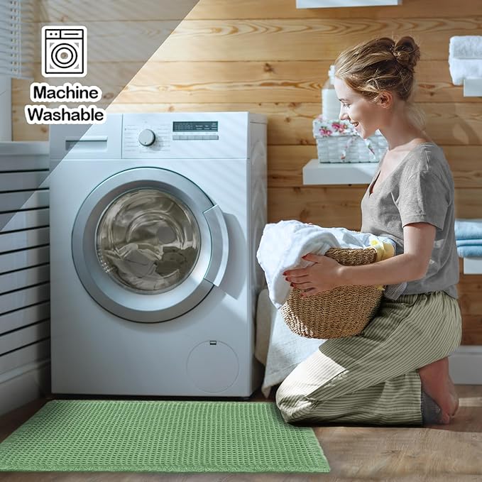 ZALL Sage Green Waffle Bath Mat,Super Absorbent Non Slip Bathroom Rug, 18x30inch, Machine Washable Ultra Soft Floor Mats