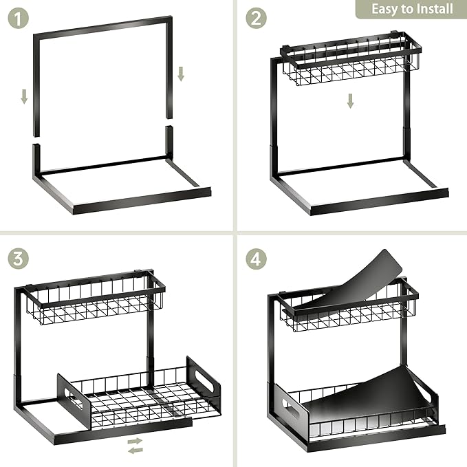 Under Kitchen Sink Organizer 2 Tier, Pull Out Bathroom Sink Organizers and Storage, Cabinet Kitchen Bathroom Storage Organization Shelf, 1 Pack Black