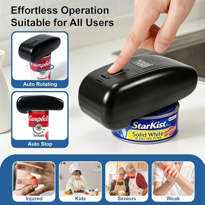 Electric Can Opener, LED Display USB Rechargeable, Automatic Hands-Free Smooth Edge, Compact Cordless, Kitchen Use for Seniors & Arthritis (Black)