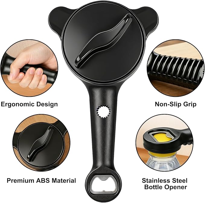 Jar Openers for Seniors, 4-in-1 Can Opener for Weak Hands & Seniors – Ergonomic Non-Slip Handle, Fits 1-3.5 Inch Kitchen Mason Jars, Bottles & Cans (Black)