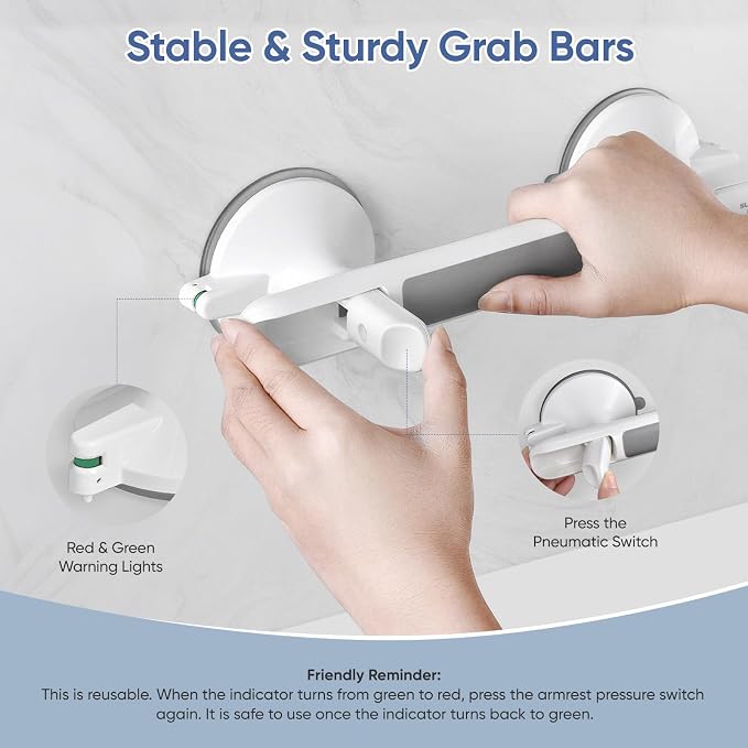 Grab Bars for Bathtubs and Showers with Indicator, Suction Cup Shower Handle, Surface Safety Grip, Strip Locking Latches Removable Bathroom Support, Easy Install Tool-Free Design (2-PCS)