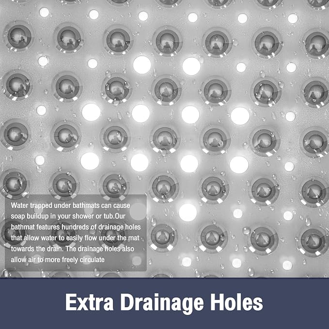 Extra Long Bathtub Mat Non Slip, Clear Gray Soft Bath Mat for Tub 40 x 16 Inch Full Size, Bath Tub Shower Mats for Bathroom Floor, Big Suction Cups and Drain Holes, Easy Washable, BPA Free