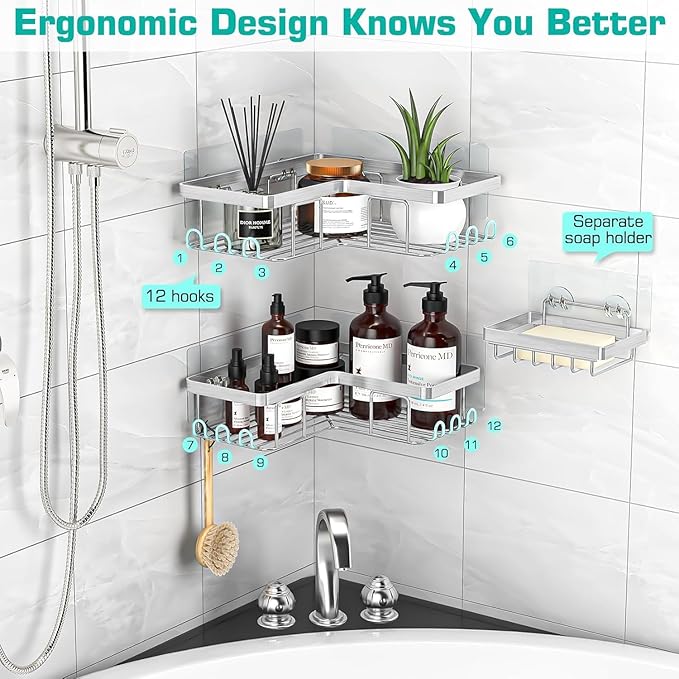 YASONIC Corner Adhesive Shower Caddy, with Soap Holder and 12 Hooks, Rustproof Stainless Steel Bathroom Organizer, No Drilling Wall Mounted Rack, Brushed Silver, 3-Pack