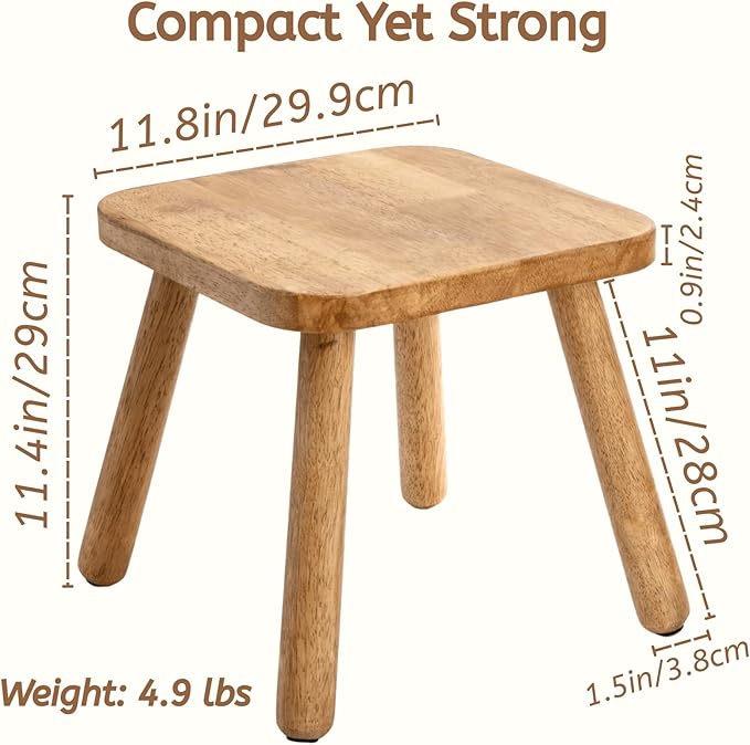 Youeon 12 Inch Square Solid Wooden Step Stool, Non-Slip One Step Stool for Adults, Holds up to 300 Lbs, Portable & Sturdy, Footstool for Bedroom, Bathroom, Kitchen, Easy to Assemble