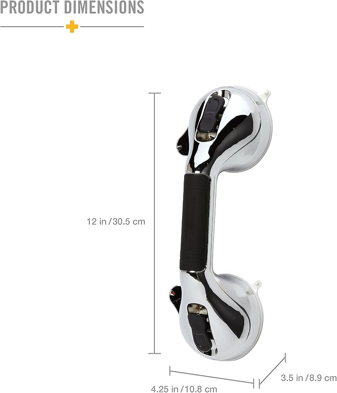 HealthSmart 12" Suction Cup Grab Bar, Safety Hand Rail, Support - Handicap, Elderly, Injury, Senior Assist, Color Indicator Showing when Bar is Secure, Chrome
