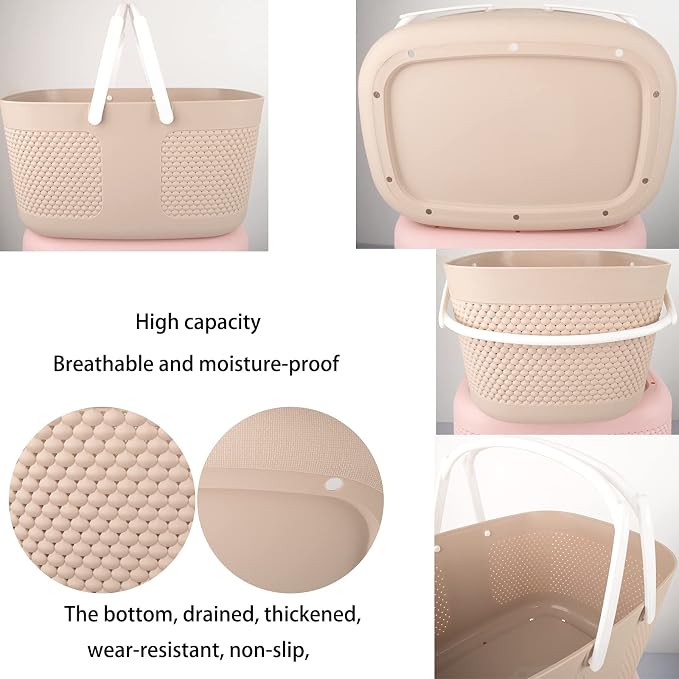 Shower Caddy Basket, Portable Large Capacity Thickened Plastic Organizer Storage Tote with Handles Drainage Toiletry Bag Bin for Bathroom, College Dorm Room Essentials, Kitchen, Camp, Gym, Khakis