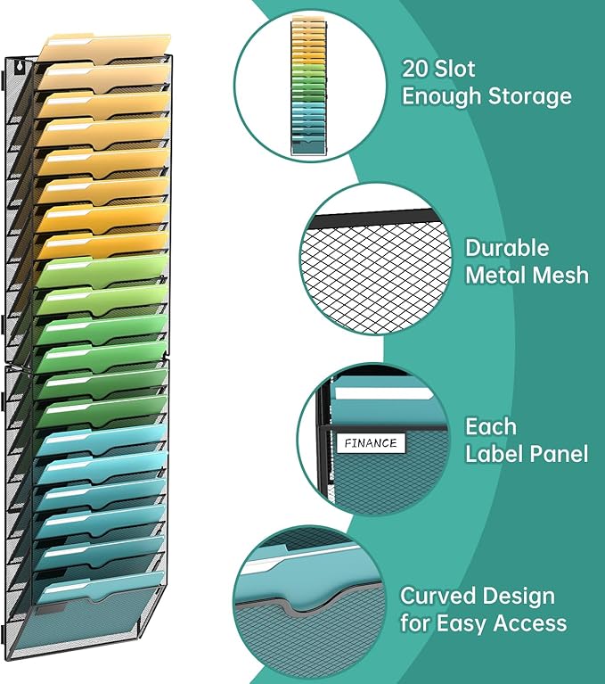 SUPEASY 20 Tier Wall File Organizer, Hanging Wall Mounted Mail Organizer with Label Slots, Metal Mesh File Holder Magazine Rack for Office, Home, School or Classroom, Black