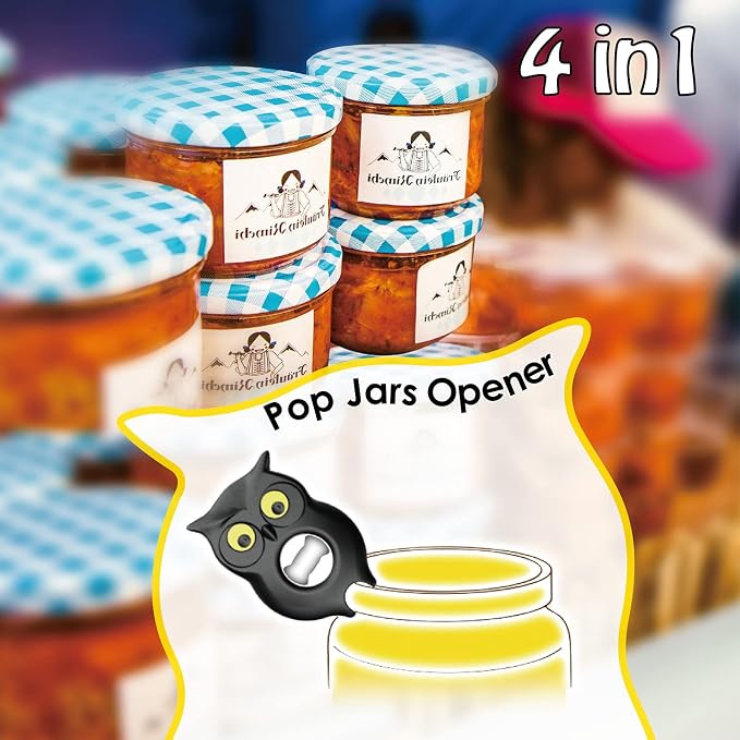 4-in-1 Manual Owl Bottle Opener - BPA-Free Multi-Function Opener for Bottle Caps, Jars, Pull Tabs & Twist Caps, Ergonomic Design for Kids, Seniors & Weak Hands (Yellow)