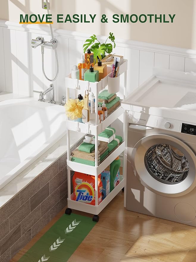 LEHOM Slim Rolling Storage Cart - 4 Tiers Bathroom Organizer Utility Cart Slide Out Storage Shelves Mobile Shelving Unit for Kitchen, Bedroom, Office, Laundry Room, Small Narrow Spaces (7.1" W+White)
