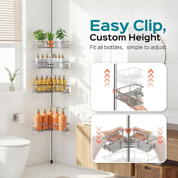 HAMITOR L-Shaped Corner Shower Shelves: 4-Tier Tension Pole Bathroom Caddy - No Drilling Rustproof Metal Bathtub Organizer - Standing Adjustable Apartment Essentials Rack for Renters 47-123 Inch