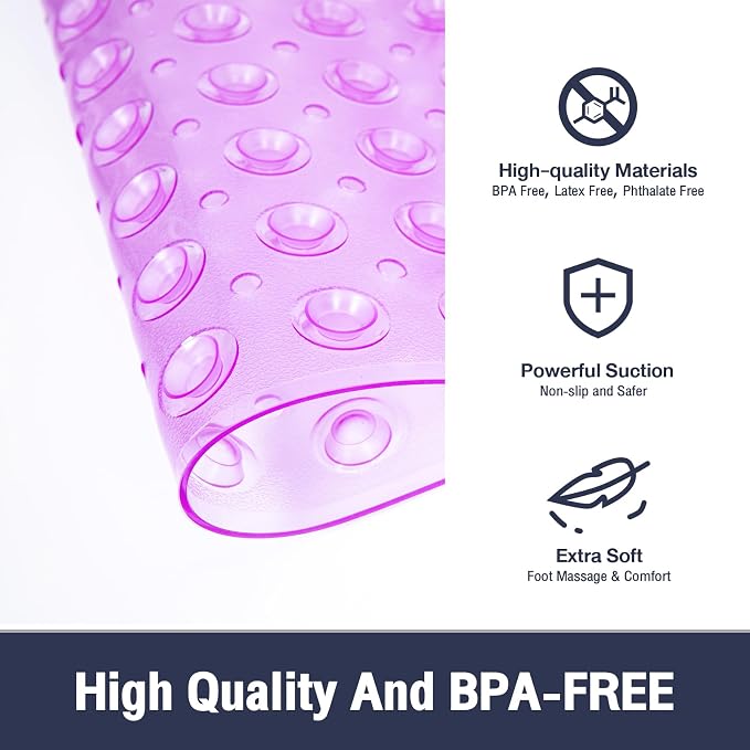 Extra Long Bathtub Mat Non Slip, Clear Purple Soft Bath Mat for Tub 40 x 16 Inch Full Size, Bath Tub Shower Mats for Bathroom Floor, Big Suction Cups and Drain Holes, Easy Washable, BPA Free