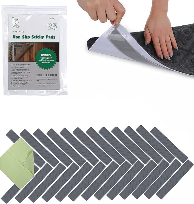 Ledgebay Rug Pad Grippers for Area Rugs Pack of 25 Reusable, No Skid, Washable, Anti-Slip Pads, Rug Gripper for Hardwood Floors and Tile with Double-Sided, Self Adhesive Rug Tape to Keep Rugs Flat